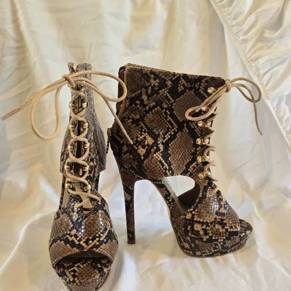 Brown and Black High Heel Ankle Boots with Peep-Toe - Picture 2 of 5